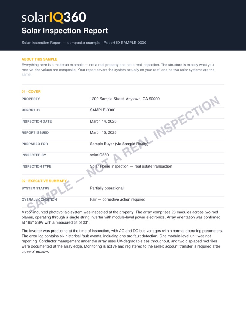 Page from the composite sample solar inspection report: Cover and executive summary. The page carries a diagonal SAMPLE — NOT A REAL INSPECTION watermark.