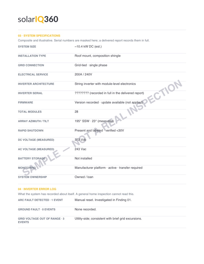 Page from the composite sample solar inspection report: Specifications and error log. The page carries a diagonal SAMPLE — NOT A REAL INSPECTION watermark.