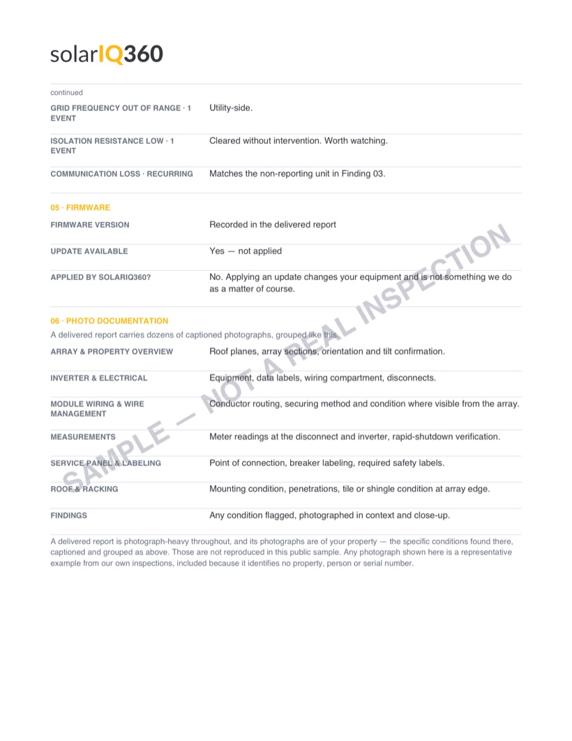 Page from the composite sample solar inspection report: Photo documentation and findings. The page carries a diagonal SAMPLE — NOT A REAL INSPECTION watermark.