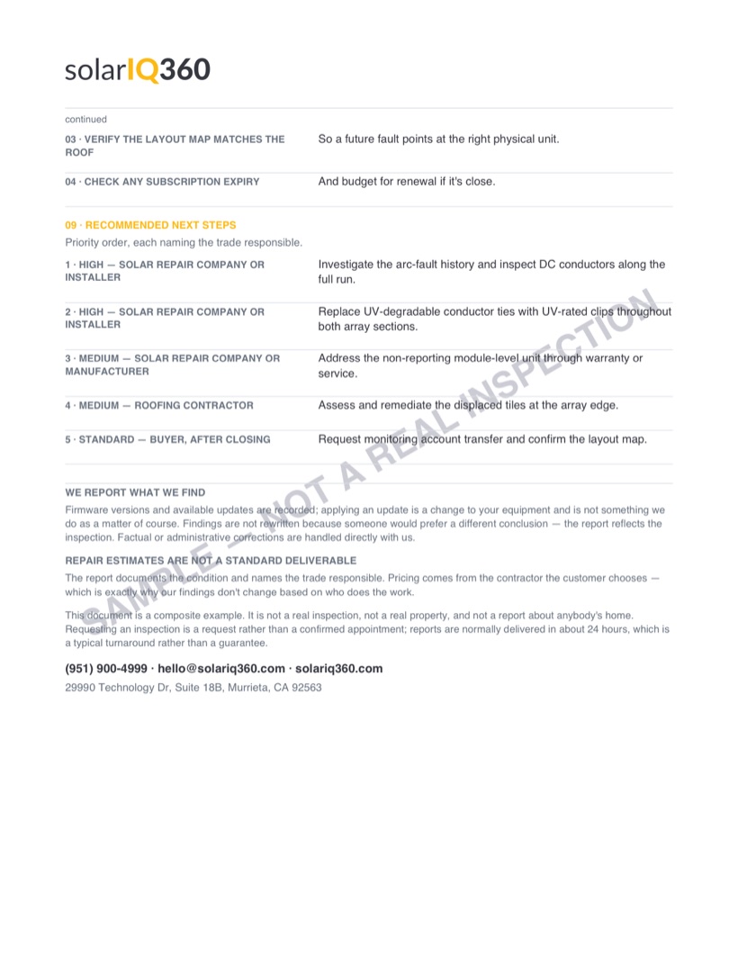 Page from the composite sample solar inspection report: Recommended next steps. The page carries a diagonal SAMPLE — NOT A REAL INSPECTION watermark.