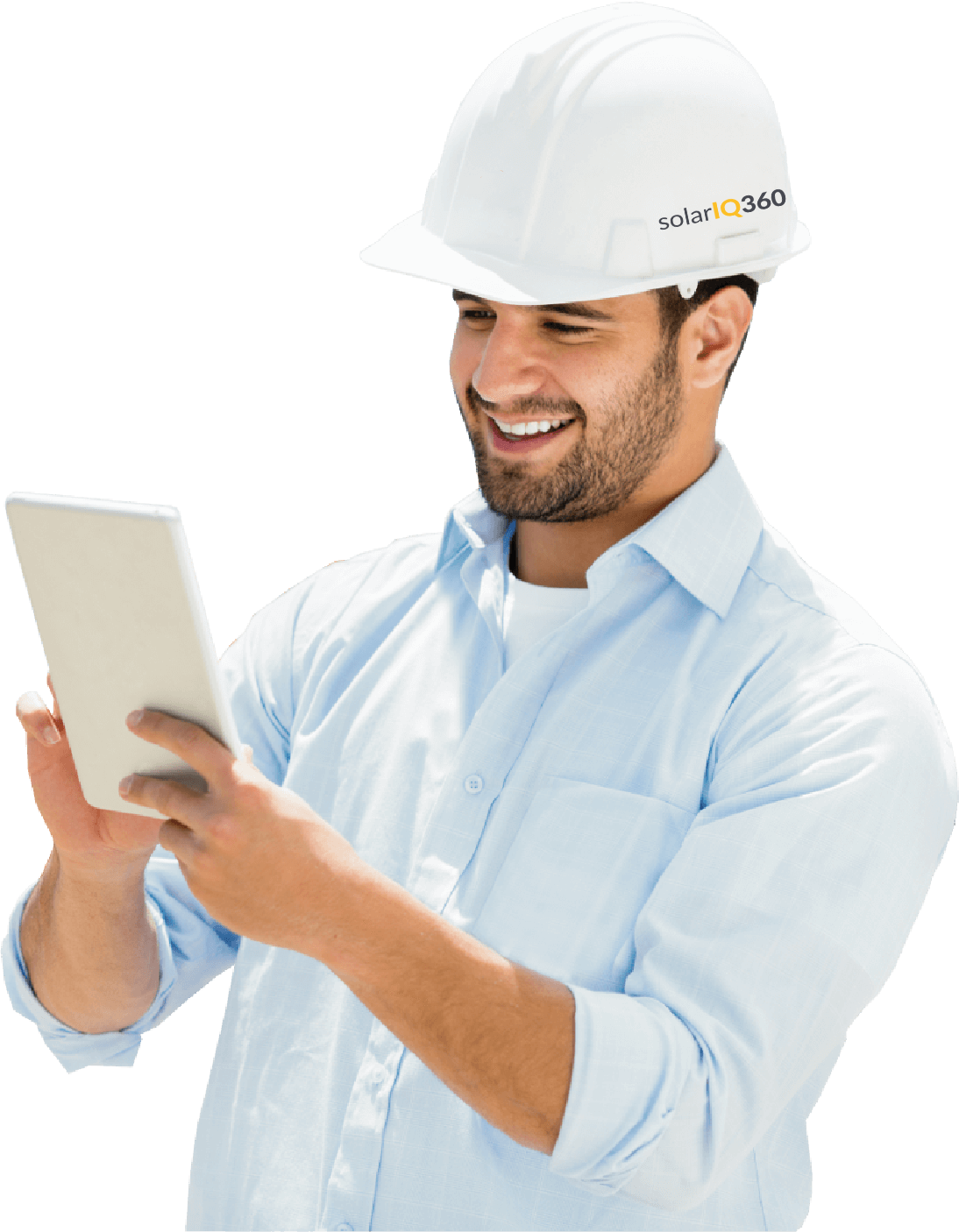 solarIQ360 inspector wearing a branded hard hat and holding a tablet.