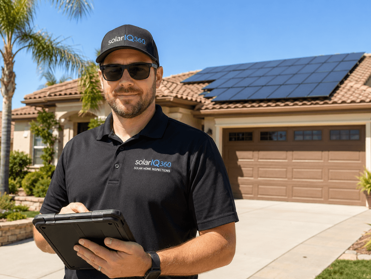 A solarIQ360 inspector in a branded cap and polo shirt, holding a rugged tablet outside a tile-roofed home with rooftop solar panels.