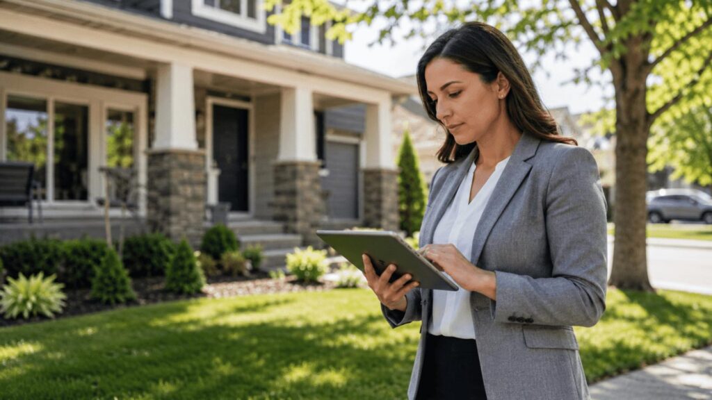 Real estate professional reviewing property information during a home sale